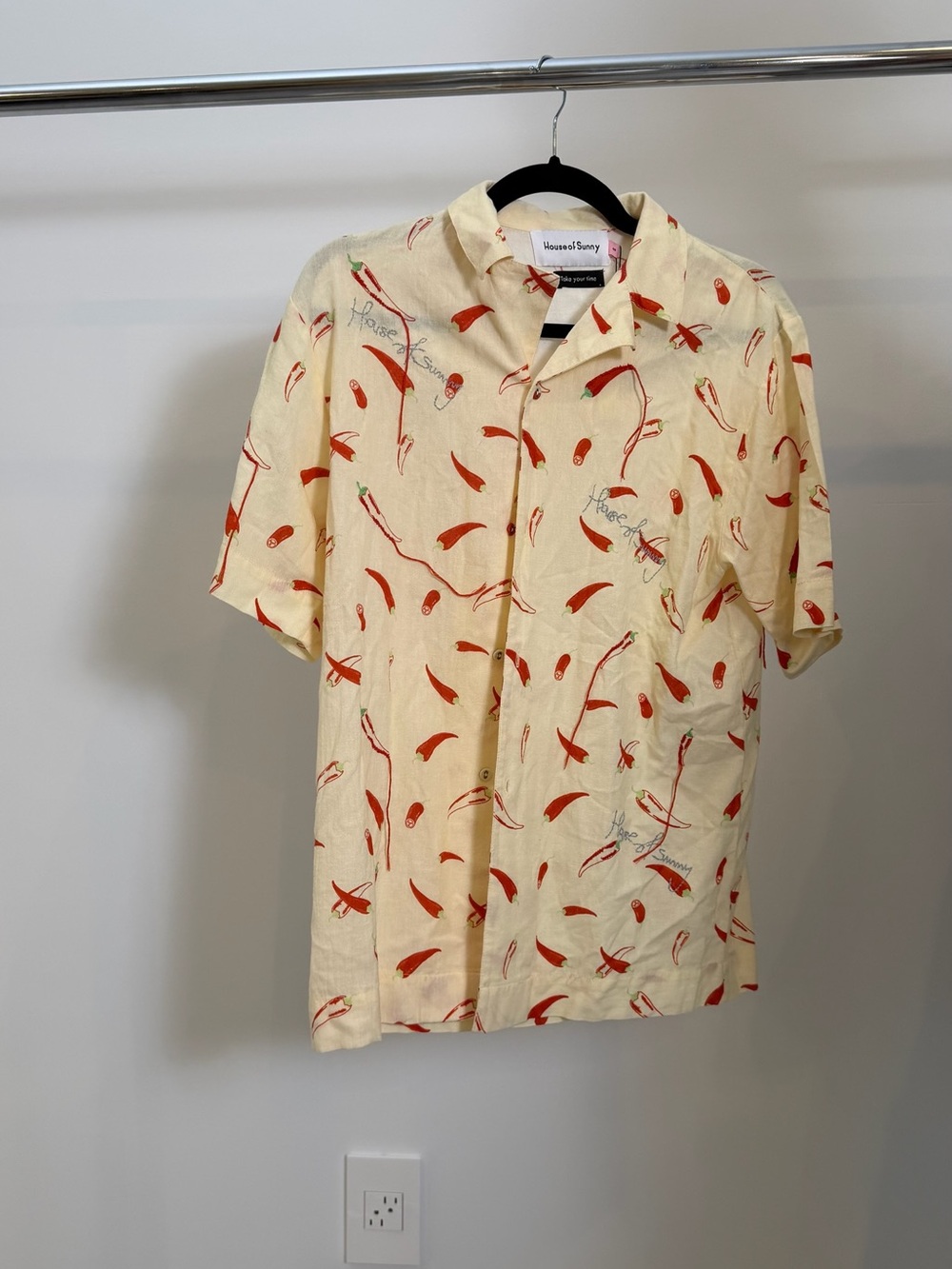 House of Sunny Cream Short-Sleeve Chili-Print Button Down Shirt